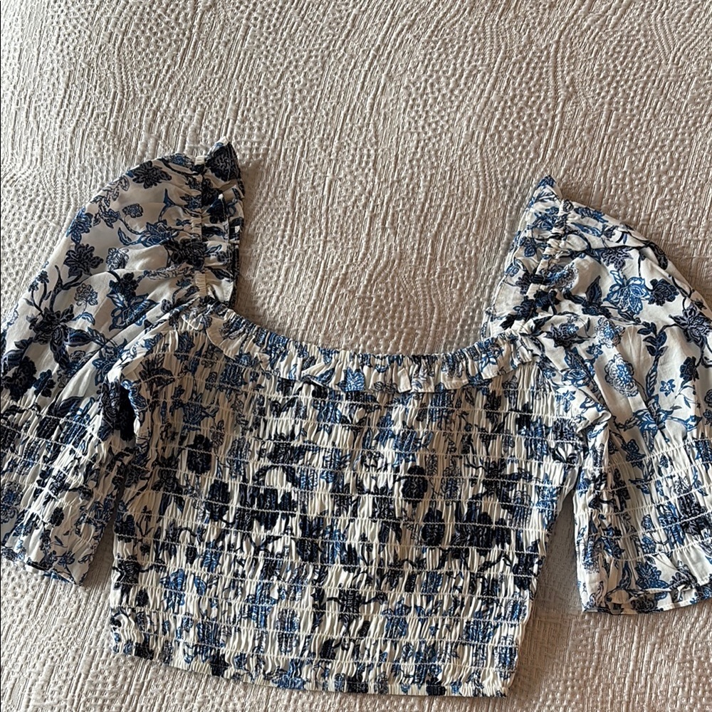 Misa Los Angeles Puff Sleeve Smocked Crop Blouse